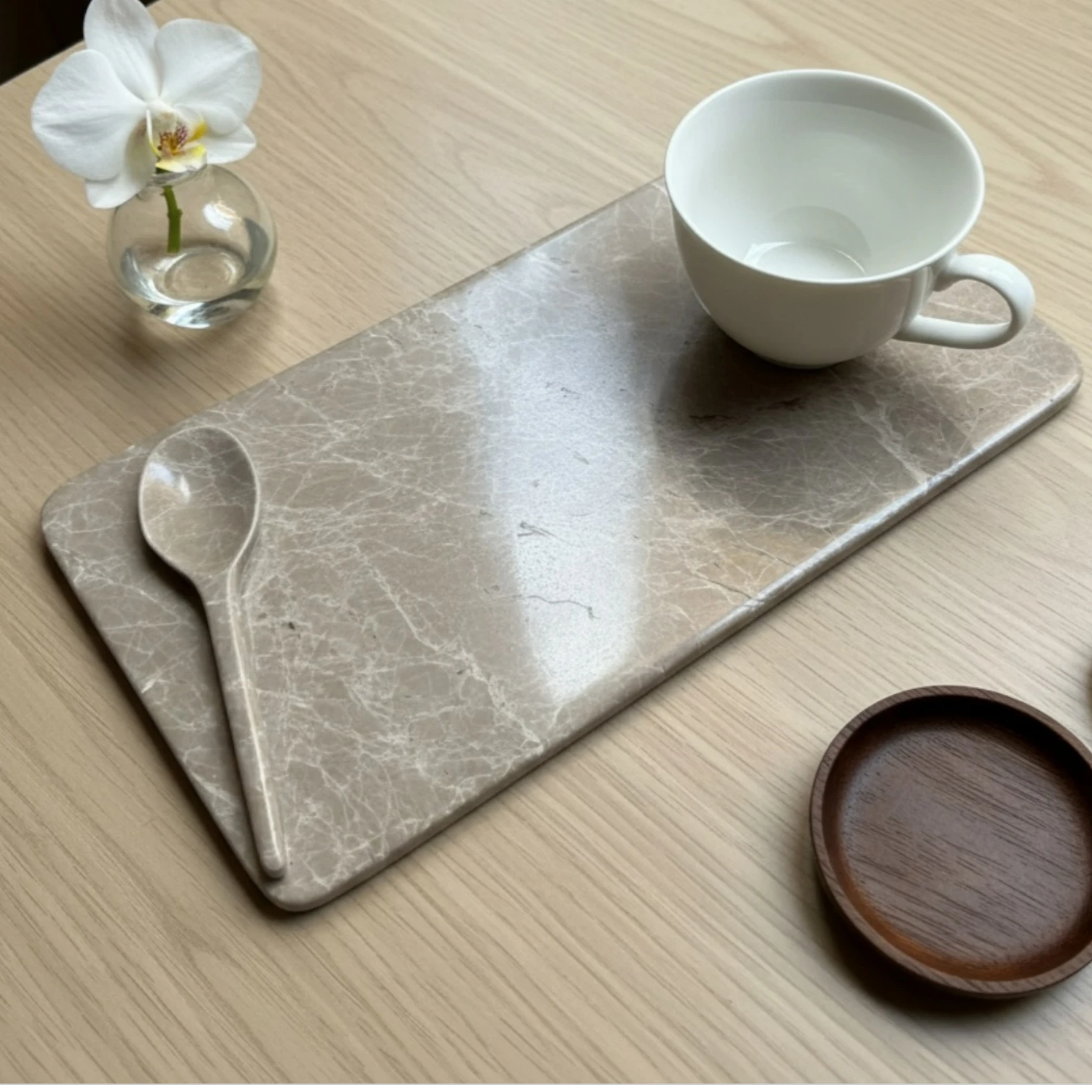 Minimalist Marble Coffee Serving Tray – Sculpted Integrated Spoon Rest